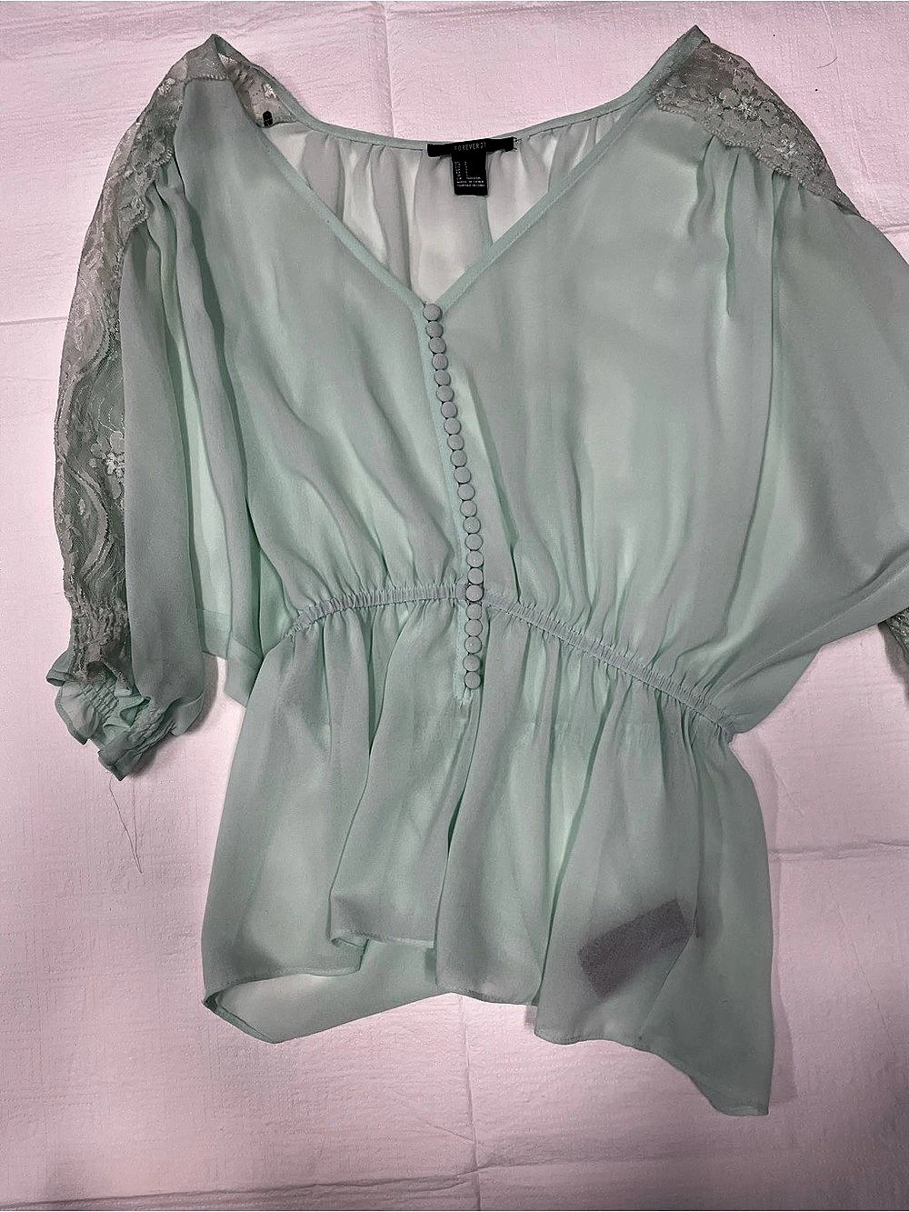 Forever 21 Puff Sleeve Blouse in Green Size Small